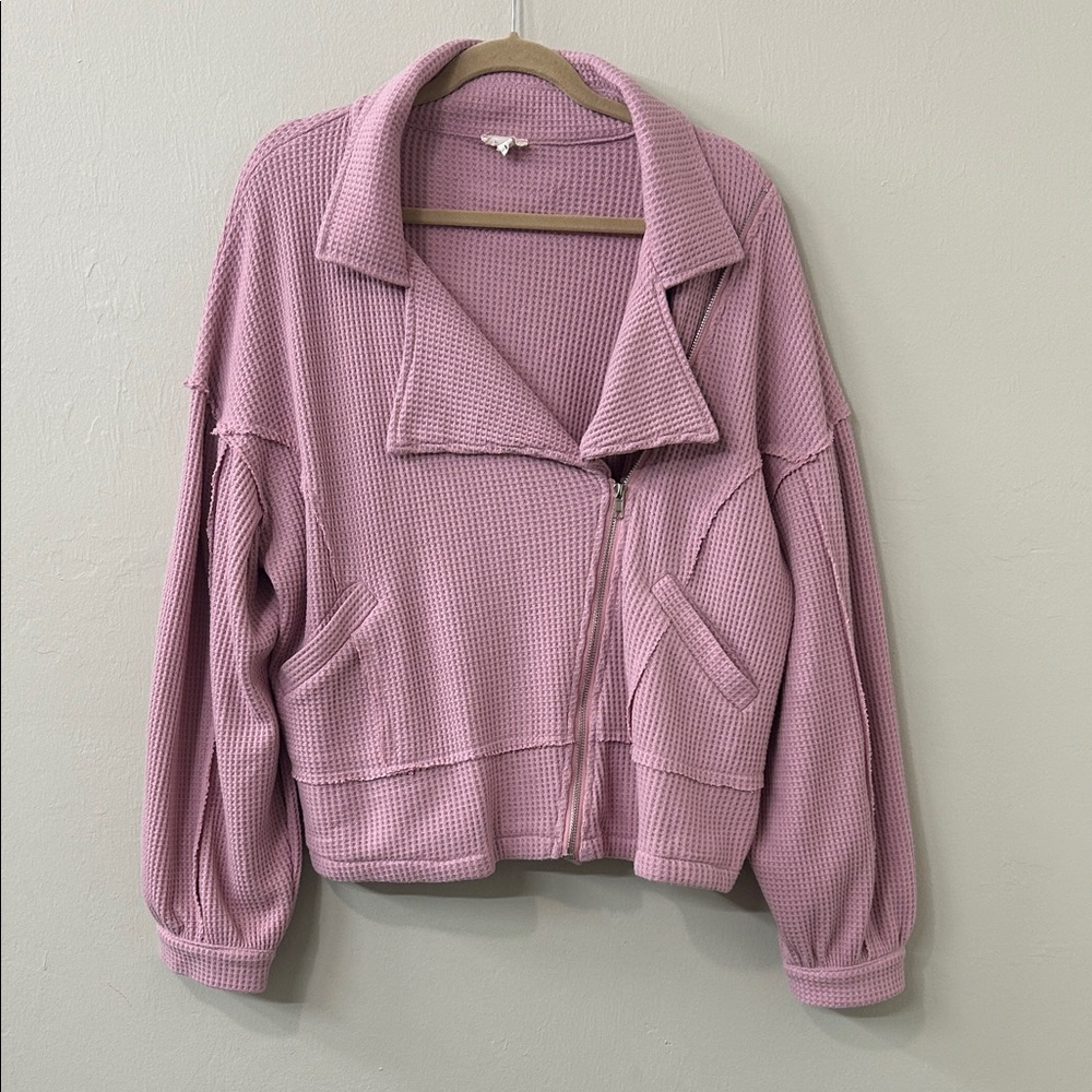 POL Pink Waffle Knit Heavy Duty Boho Distressed Moto Jacket Sz L